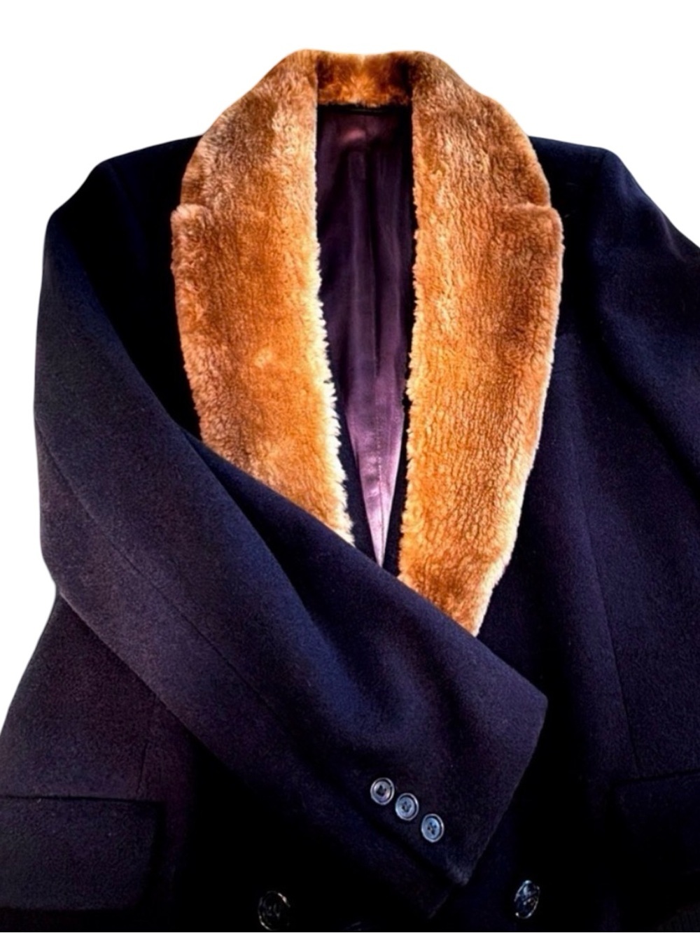 Cardinal Canada Men's Double-Breasted Wool Overcoat | Fur Collar | Navy | 40R - Picture 8 of 13